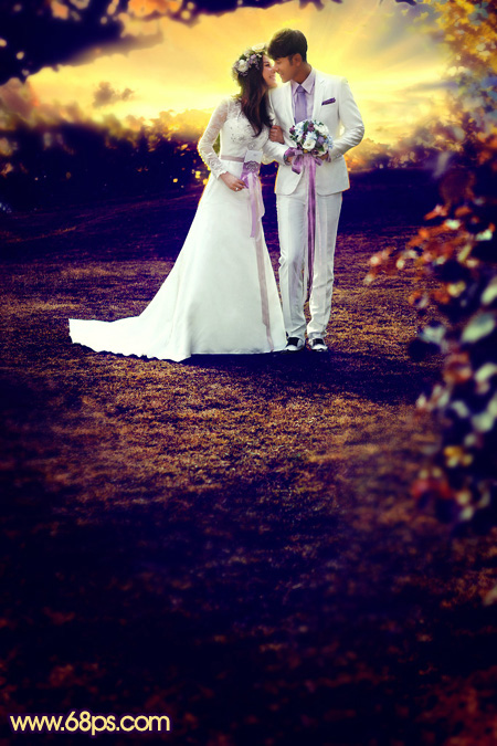 Photoshop给泛白的草地婚片加上唯美的霞光